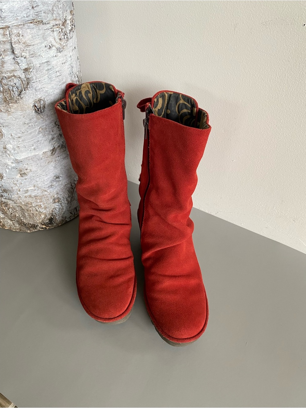 Fly London Yada Red Suede Wedge Mid Calf Boots Lace Up Back Sz 39/ 8.5 - Picture 3 of 14